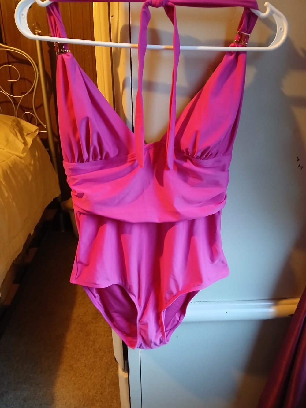 Plunge Halter One-Piece Swimsuit in Hot Pink with Peplum Detail